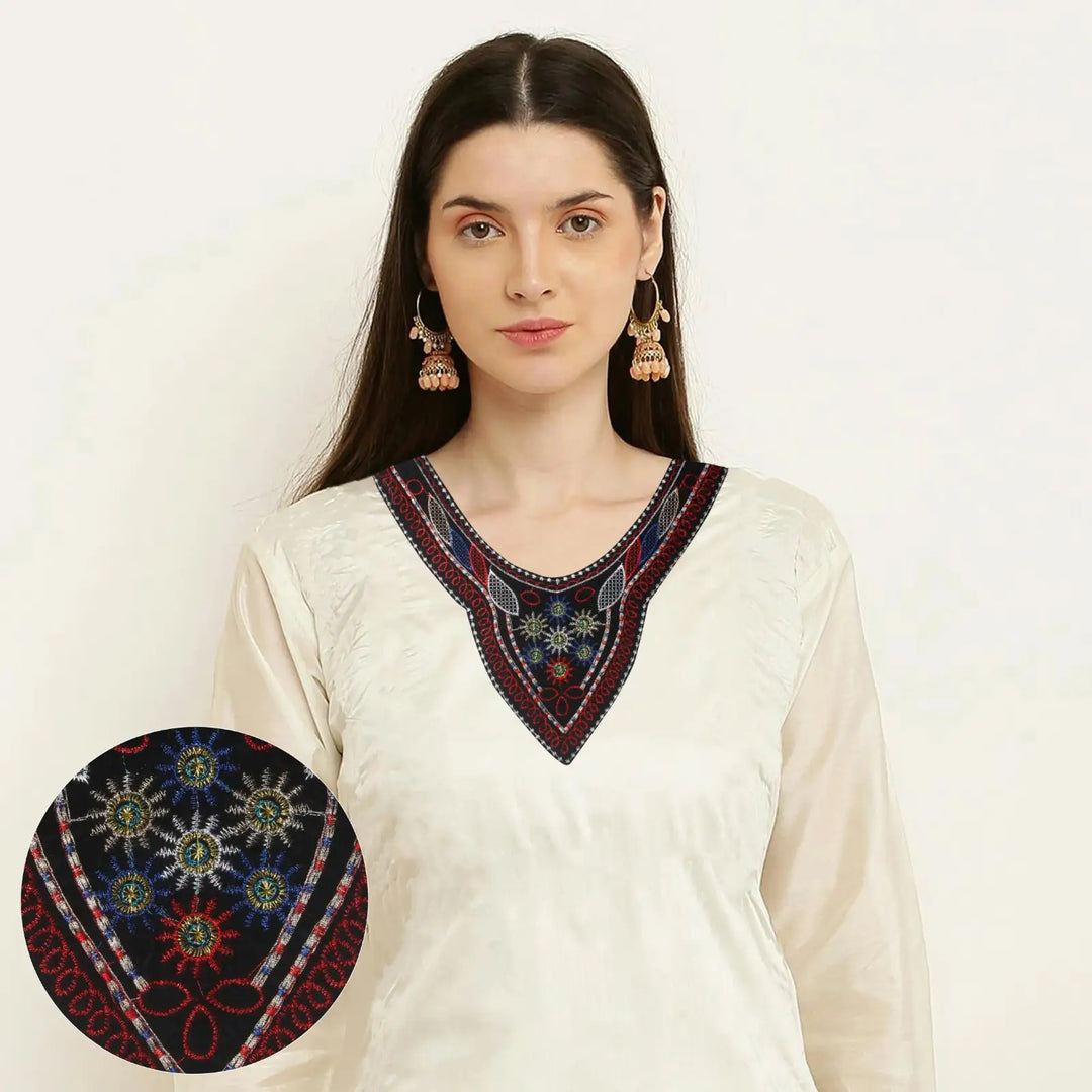 Premium multicolor embroidery round neckline yoke adding vibrant charm to traditional and fusion garments on model