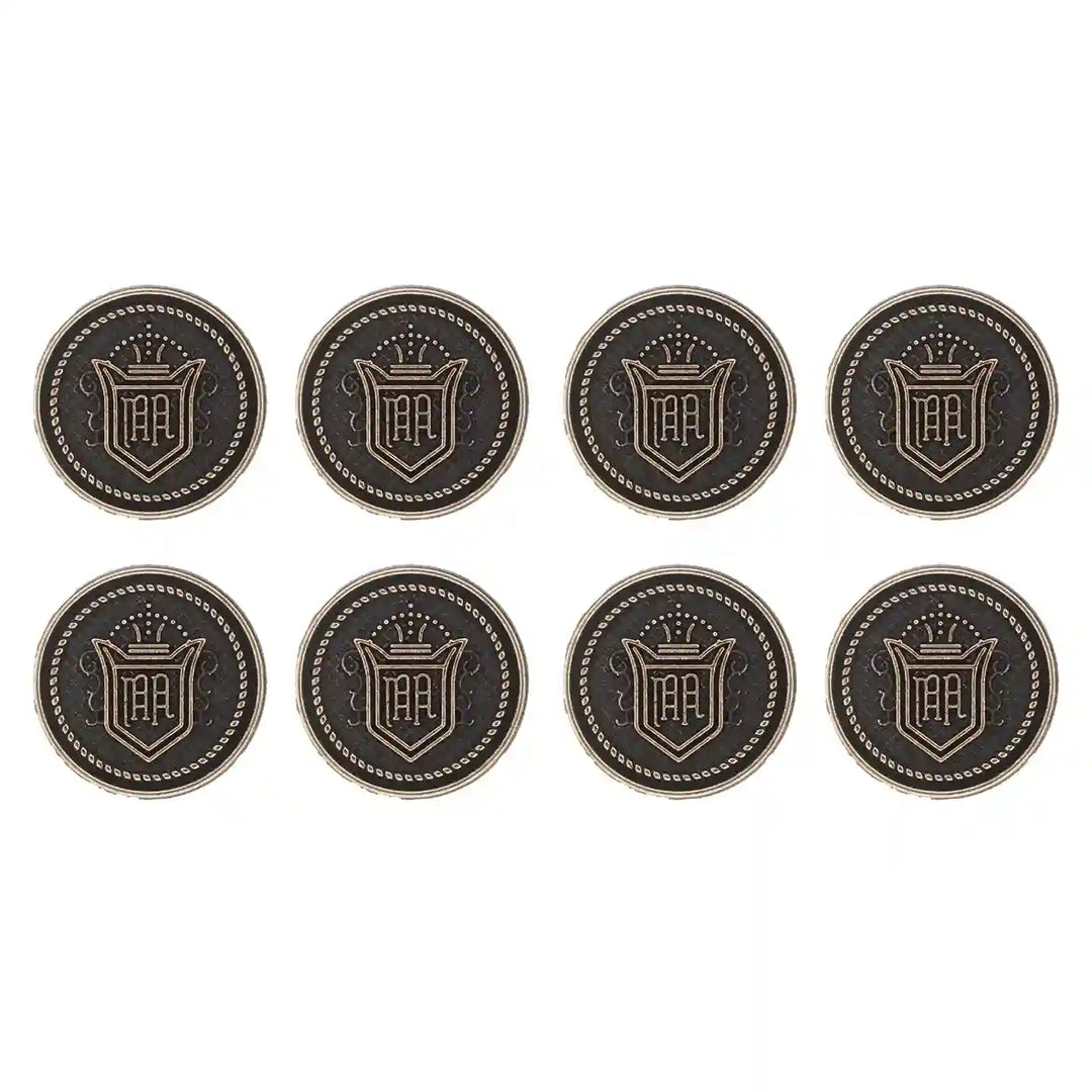Pack of 8 Royal Regalia Vintage Metal Buttons by Ani Accessories, ideal for upgrading coats, blazers, outerwear, and knitwear.