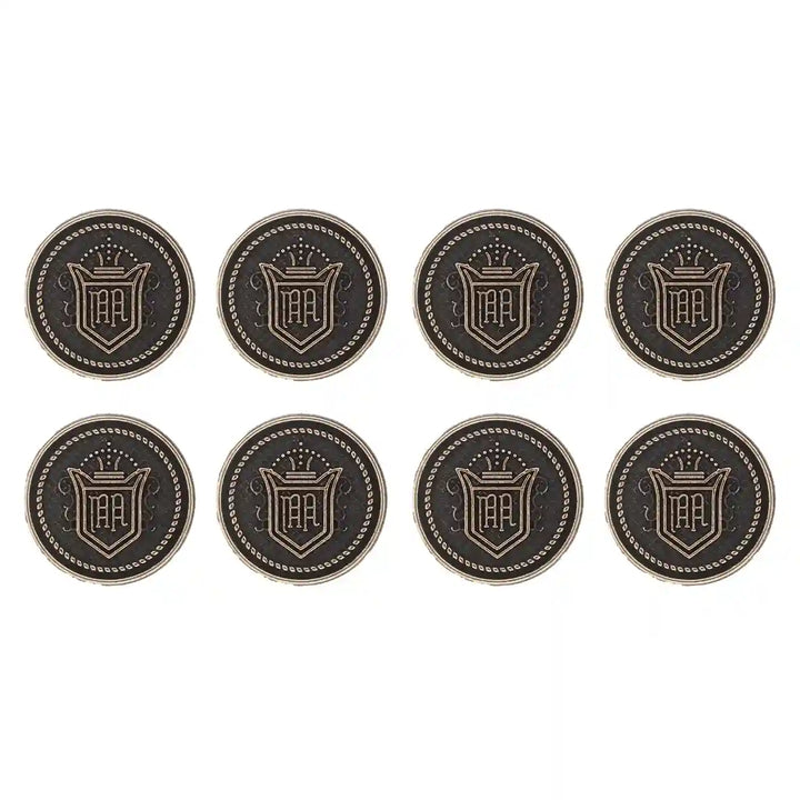 Pack of 8 Royal Regalia Vintage Metal Buttons by Ani Accessories, ideal for upgrading coats, blazers, outerwear, and knitwear.