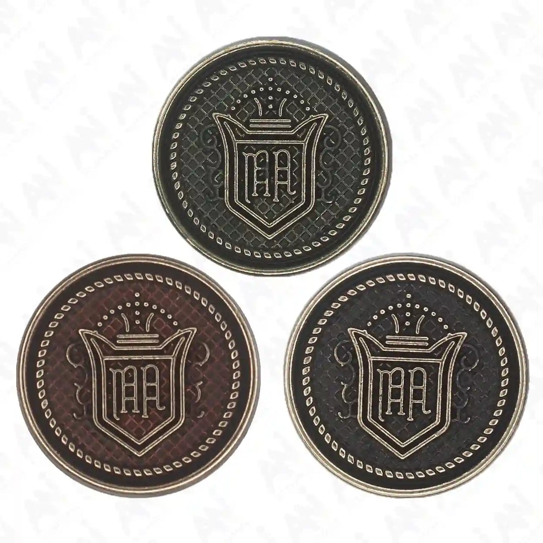 Three colors of royal regalia design antique metal buttons by Ani Accessories.