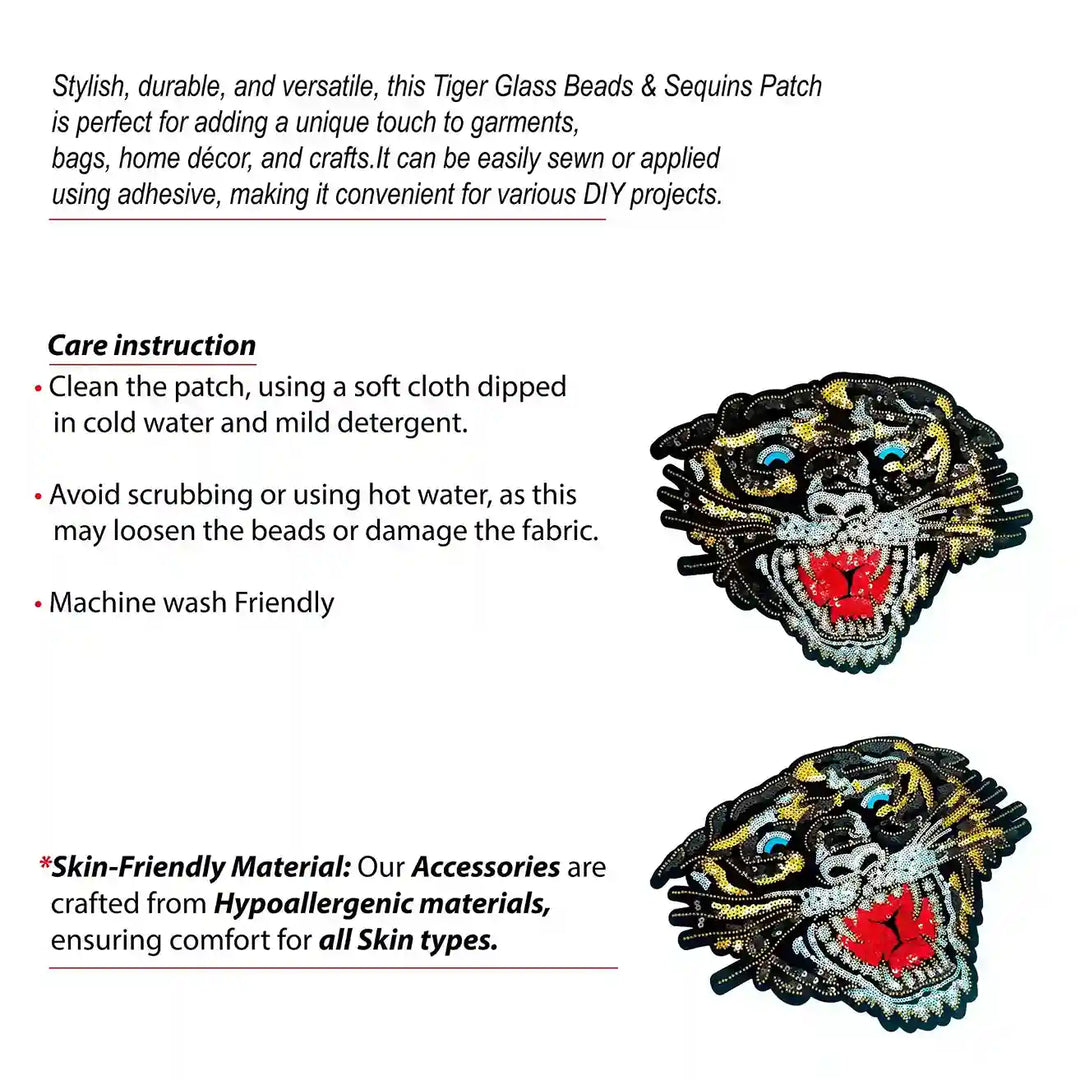 Sequins Tiger Patch by Ani Accessories, infographic showing size, dimensions, and details of applique for jackets, bags, and DIY projects