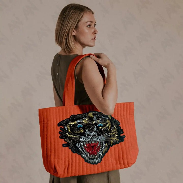 Sequins Tiger Patch by Ani Accessories on bag, detailed applique enhancing fashion accessories, jackets, clothing, and DIY projects