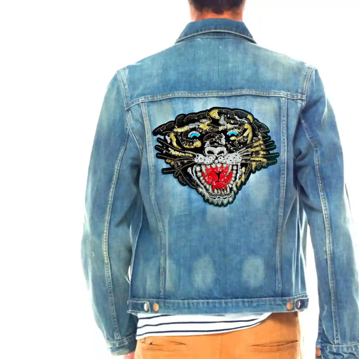 Sequins Tiger Patch by Ani Accessories on denim, detailed applique enhancing jackets, jeans, bags, and DIY fashion projects