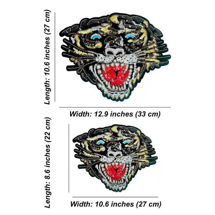 Sequins Tiger Patch by Ani Accessories, showing size and dimensions, applique perfect for jackets, bags, clothing, and DIY projects