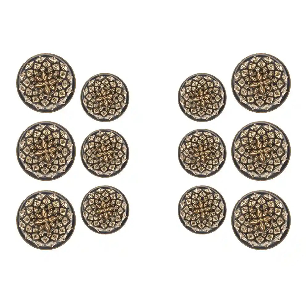 Set of 12 black and gold floral buttons by Ani Accessories, 6 large and 6 small, suitable for any style.