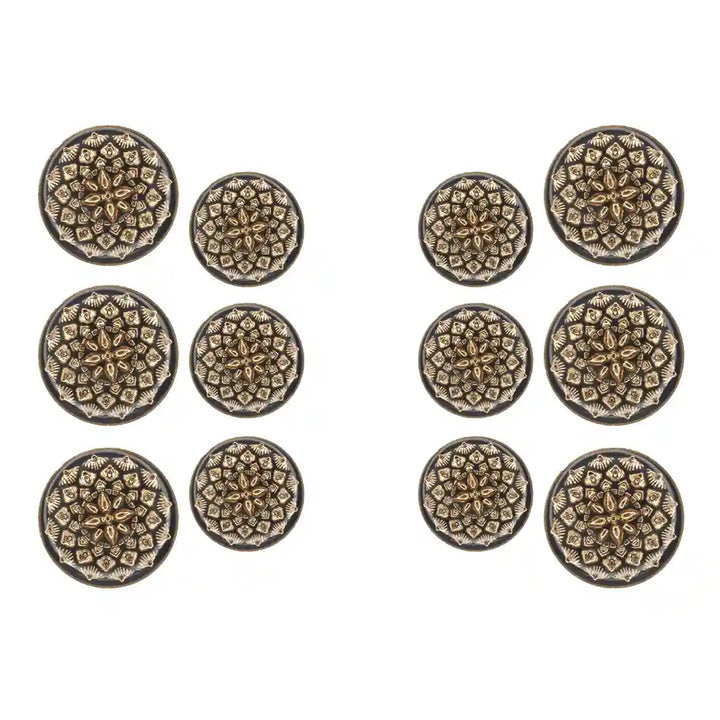 Set of 12 black and gold floral buttons by Ani Accessories, 6 large and 6 small, suitable for any style.