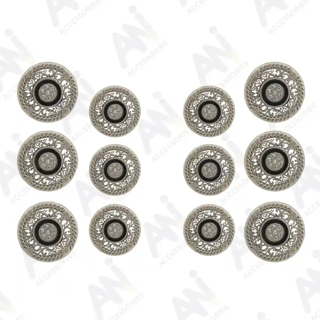 Set of 12 silver metal buttons with a rhinestone appearance by Ani Accessories, perfect for stylish garments.