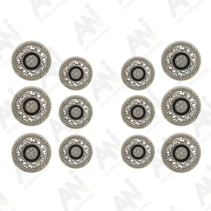 Set of 12 silver metal buttons with a rhinestone appearance by Ani Accessories, perfect for stylish garments.