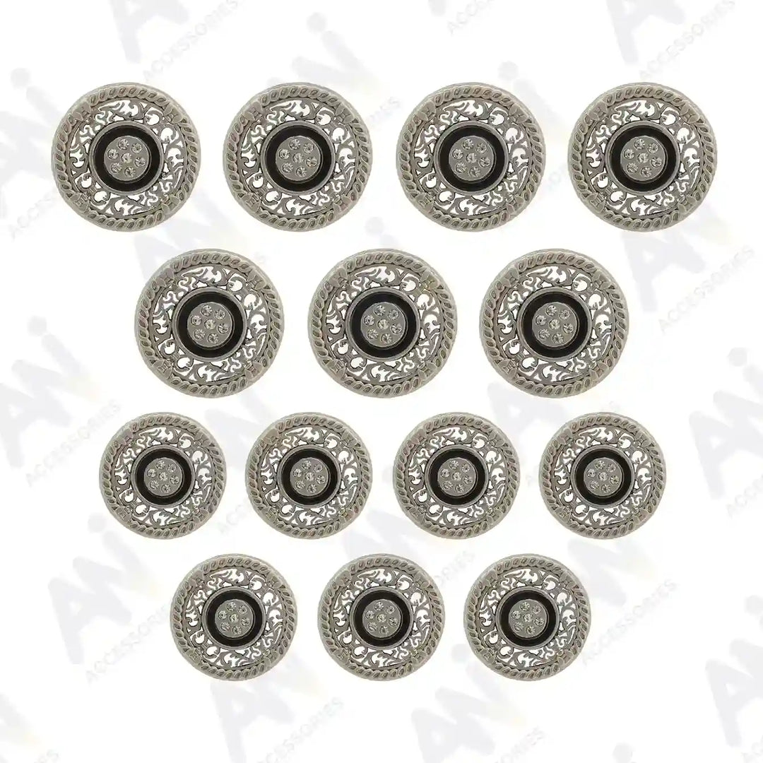 Set of 14 silver rhinestone-studded decorative buttons by Ani Accessories, perfect for fashion-forward styles.