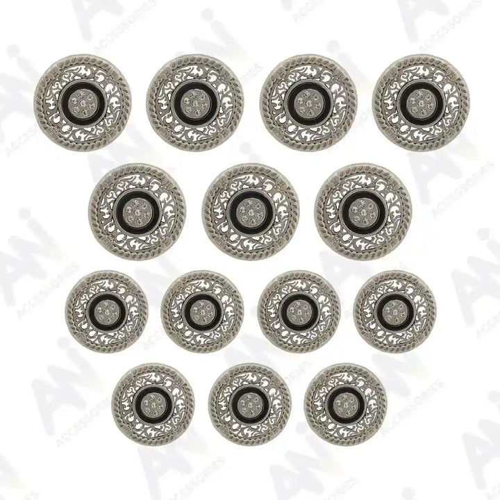 Set of 14 silver rhinestone-studded decorative buttons by Ani Accessories, perfect for fashion-forward styles.