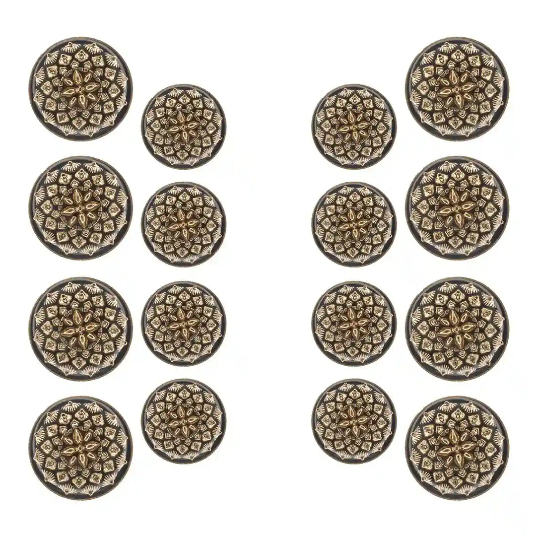Set of 16 black and gold floral buttons by Ani Accessories, 8 large and 8 small, perfect for adding elegance to any style