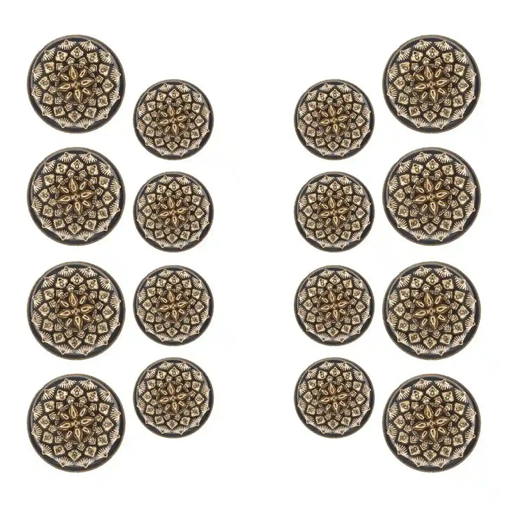 Set of 16 black and gold floral buttons by Ani Accessories, 8 large and 8 small, perfect for adding elegance to any style