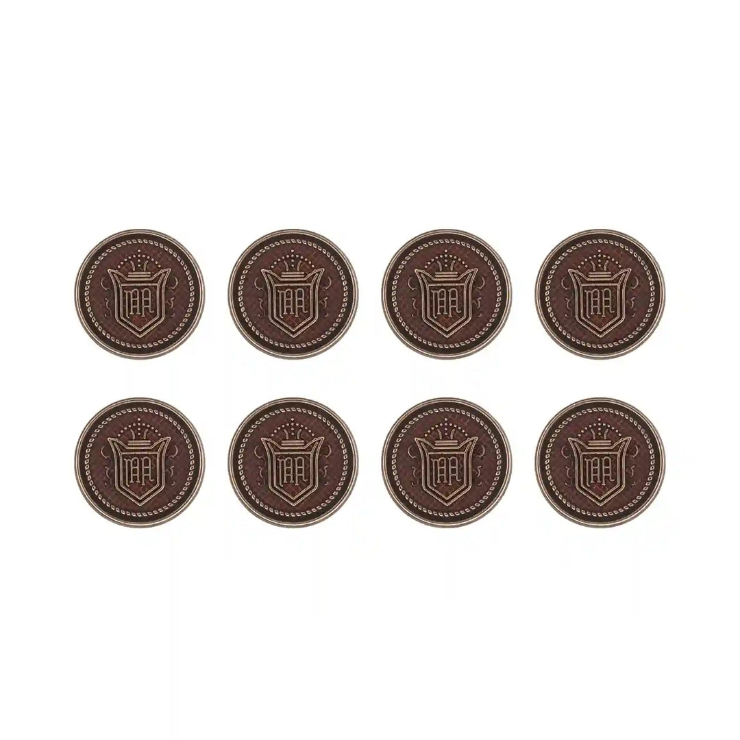 Set of 8 Royal Regalia design antique metal buttons comes in brown color, crafted for coats, blazers, and stylish garments.
