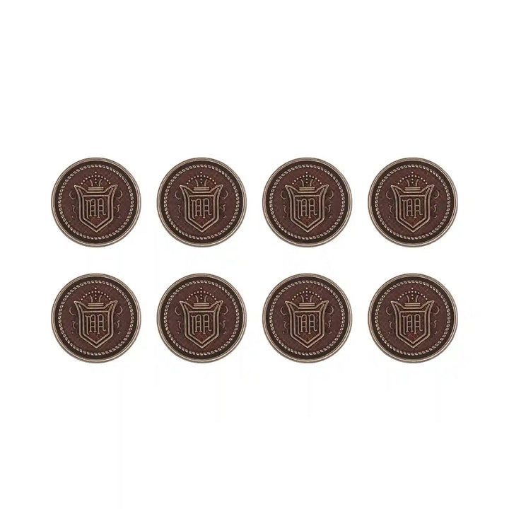 Set of 8 Royal Regalia design antique metal buttons comes in brown color, crafted for coats, blazers, and stylish garments.
