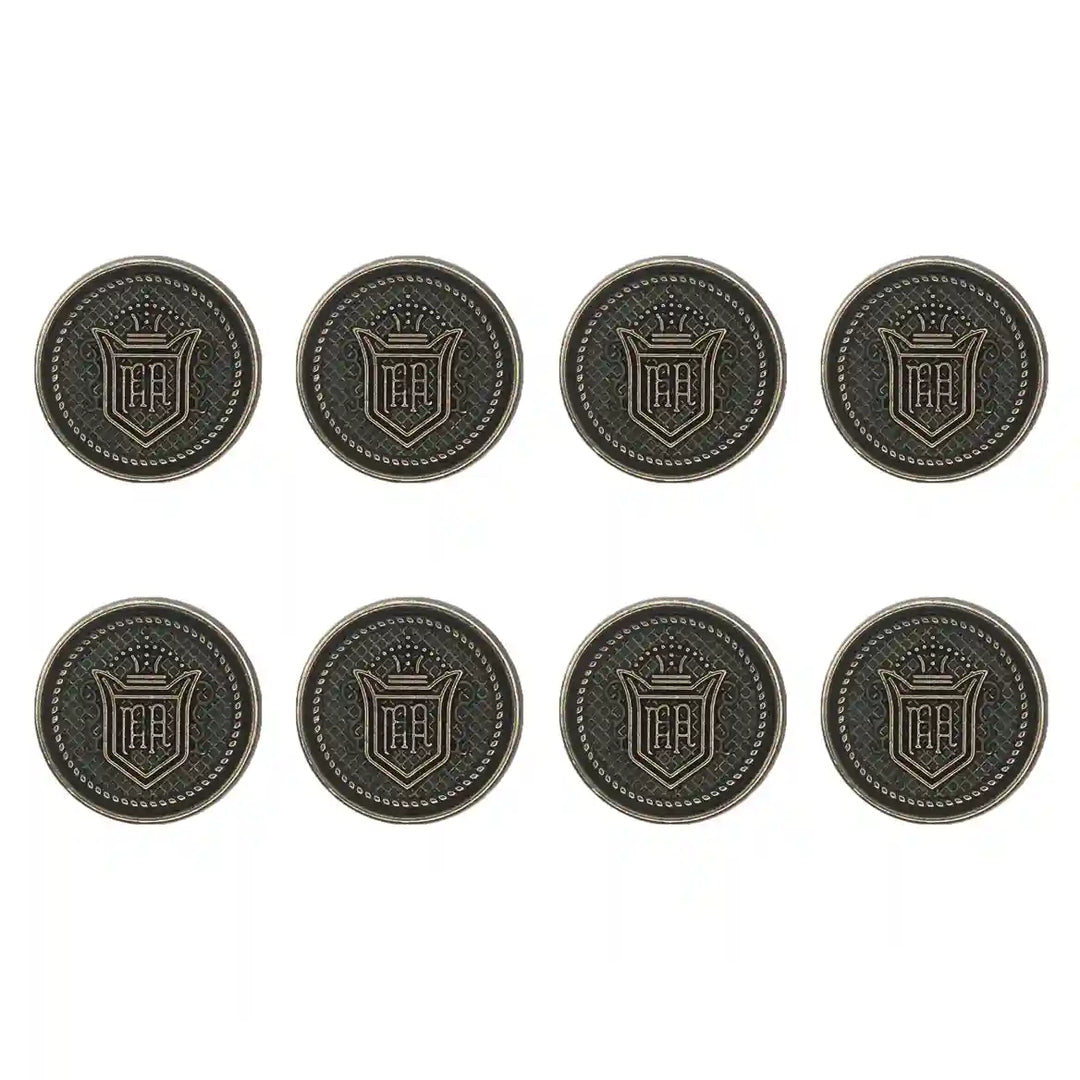 Set of 8 buttons by Ani Accessories in Royal Regalia Antique style, ideal for enhancing coats and dresses.