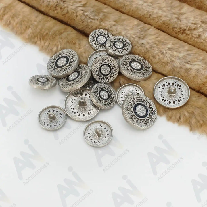 Set of decorative silver metal buttons with rhinestone details by Ani Accessories, great for adding flair to outerwear.