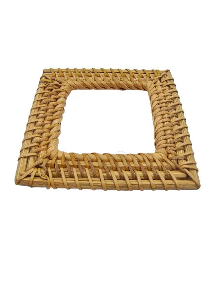 Square Natural Woven Rattan  Raffia Buckle for Dresses, DIY Belts & Craft Projects  in a top angle view on a white background.