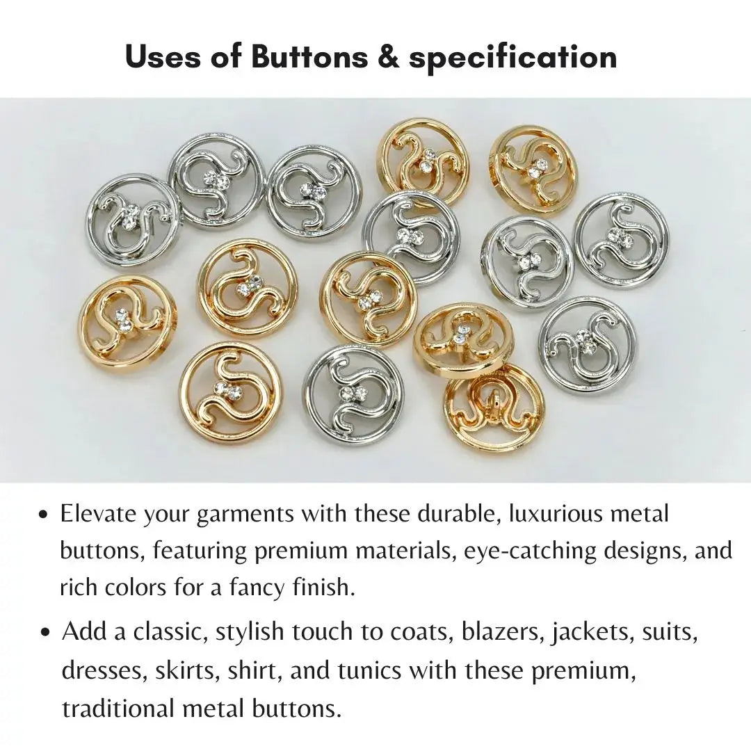 Dual Curve Crystal Round Metal Button | 15mm(24L) & 20mm(32L)