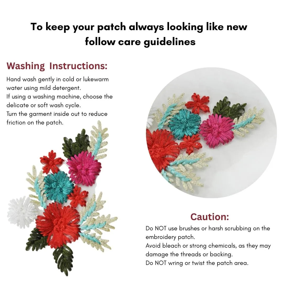 Crimson Teal Embroidered Floral Patch