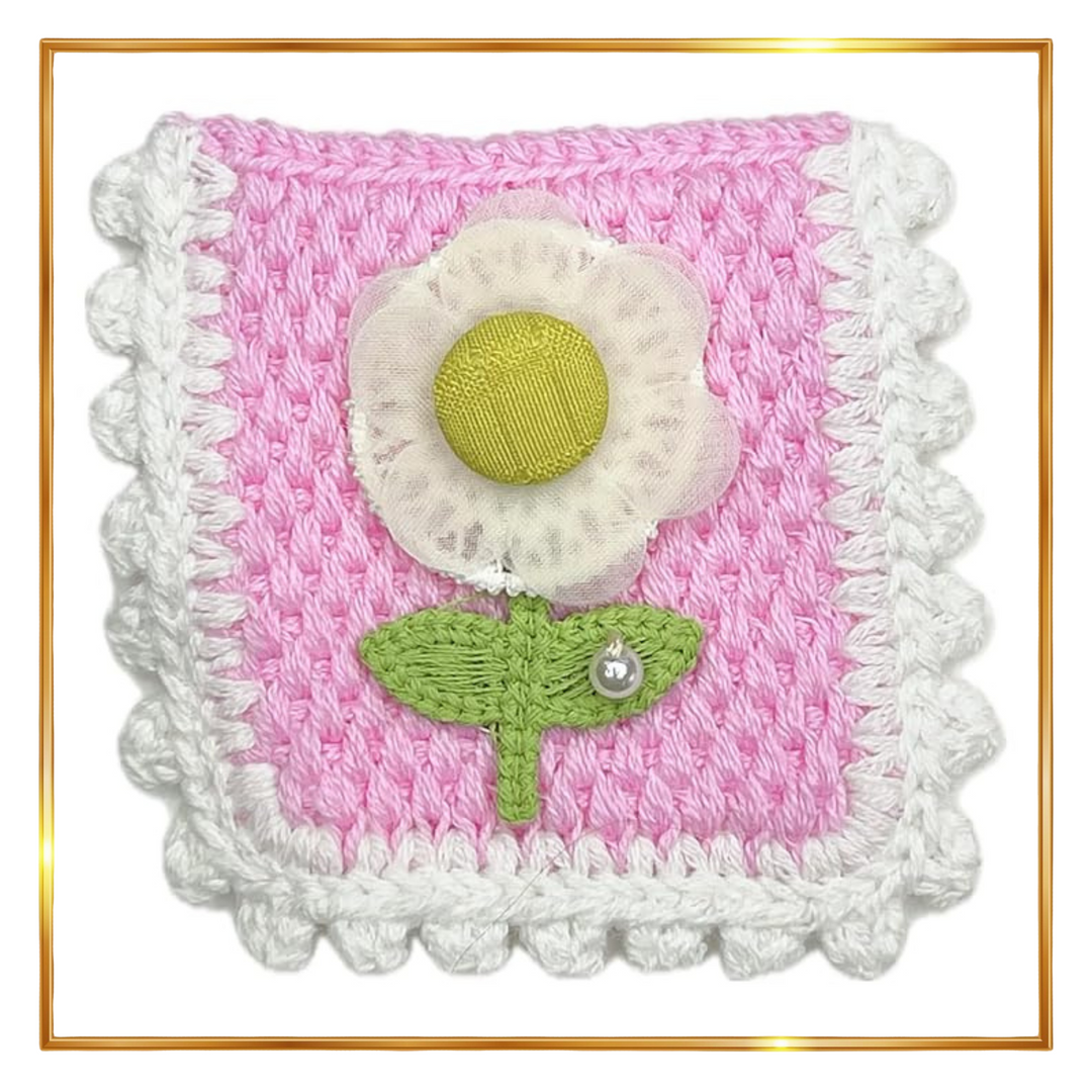 Pink Flower with Green Leaves Crochet Sew Patch With Shield