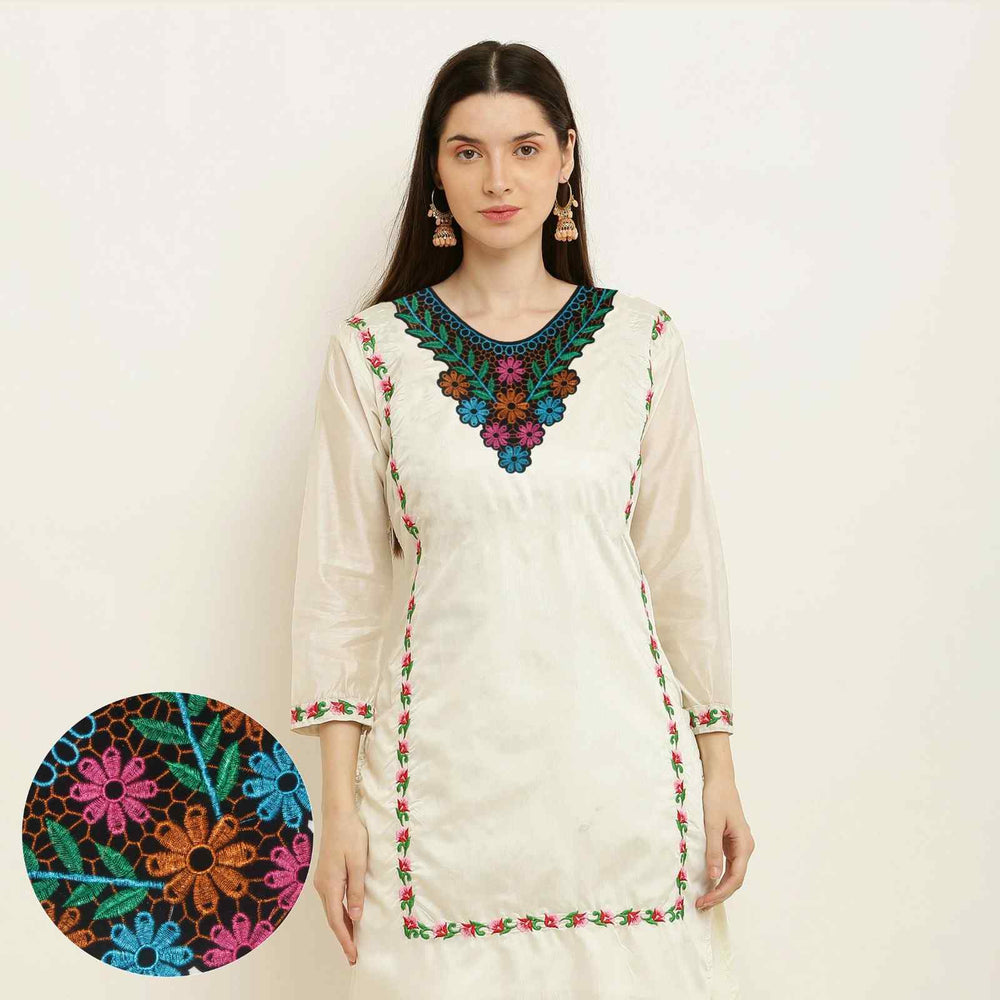 Vibrant multicolor floral leafy yoke neckline on female model featuring fine embroidery, graceful shape, fit ethnic wear Ani Accessories