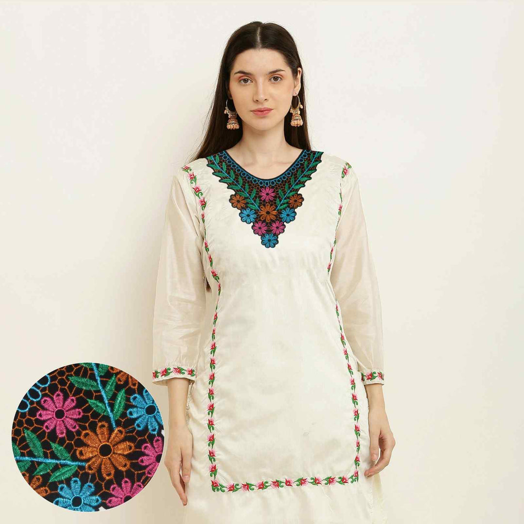 Vibrant multicolor floral leafy yoke neckline on female model featuring fine embroidery, graceful shape, fit ethnic wear Ani Accessories