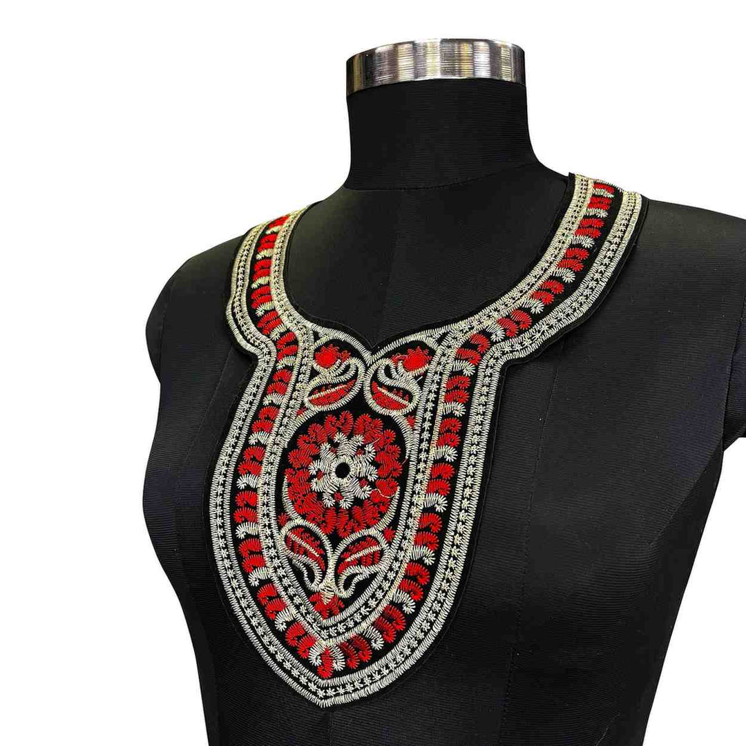 Vibrant red color ethnic embroidered neckline by Ani Accessories enhancing traditional kurtis and festive outfits