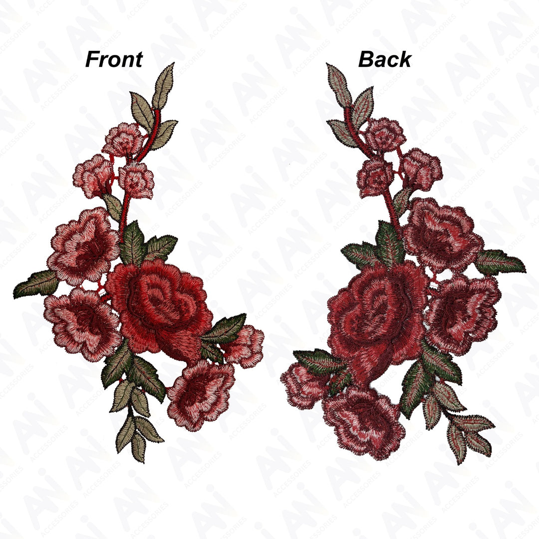 Two Piece Red Rose Flower Embroidered Sew On & Heat Transfer Applique Patch