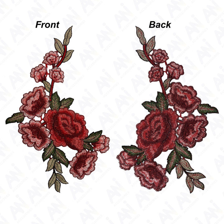 Two Piece Red Rose Flower Embroidered Sew On & Heat Transfer Applique Patch