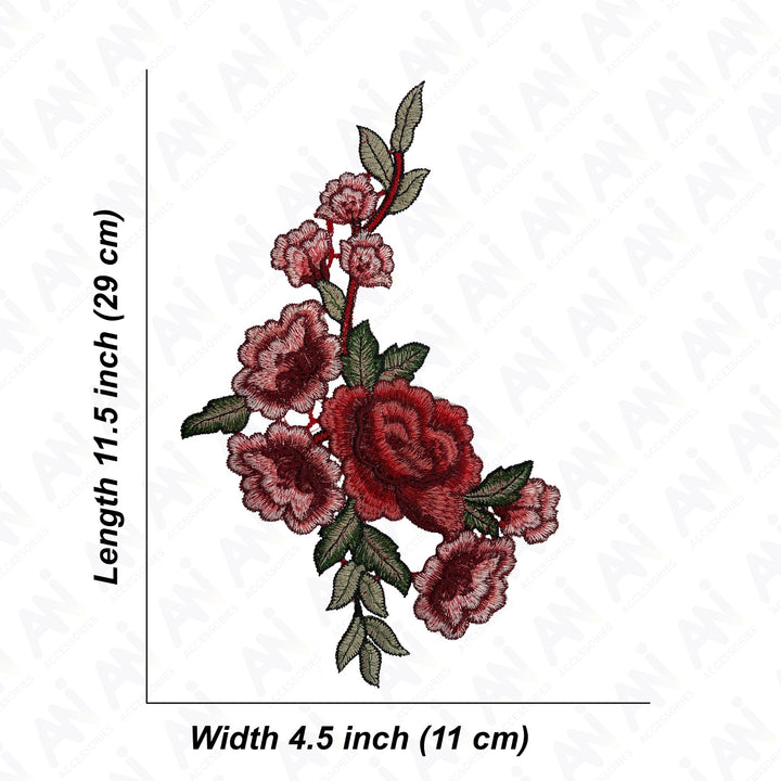 Two Piece Red Rose Flower Embroidered Sew On & Heat Transfer Applique Patch