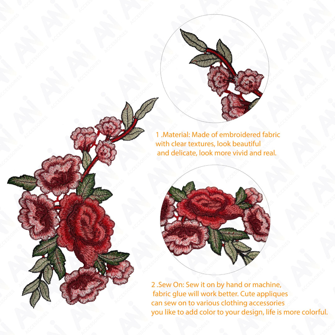 Two Piece Red Rose Flower Embroidered Sew On & Heat Transfer Applique Patch