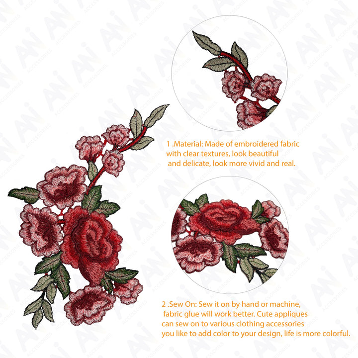 Two Piece Red Rose Flower Embroidered Sew On & Heat Transfer Applique Patch