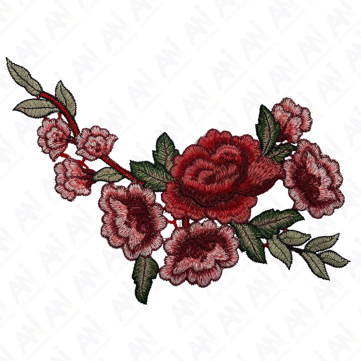 Two Piece Red Rose Flower Embroidered Sew On & Heat Transfer Applique Patch