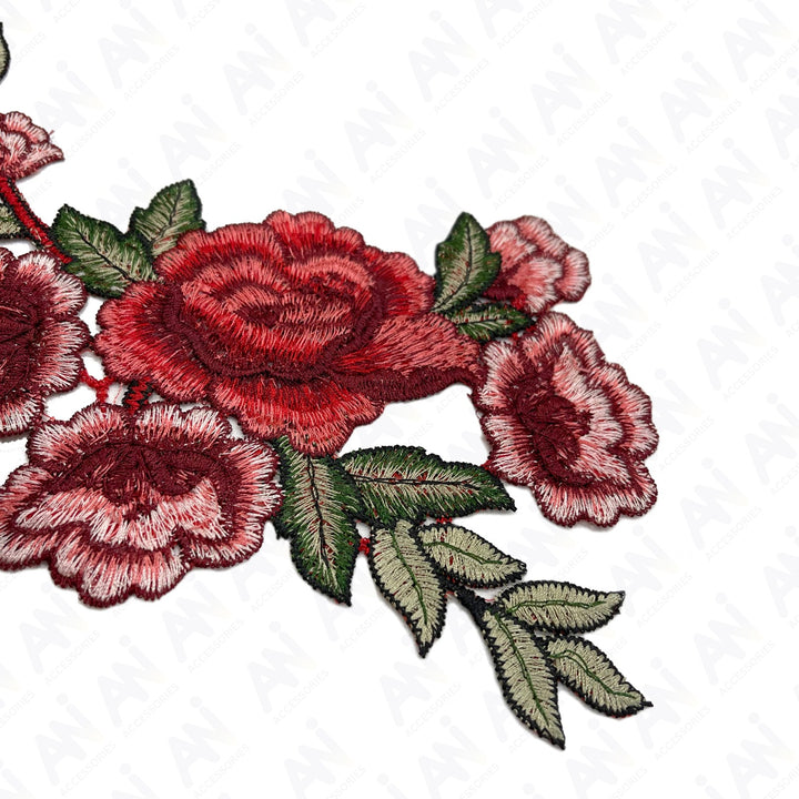 Two Piece Red Rose Flower Embroidered Sew On & Heat Transfer Applique Patch