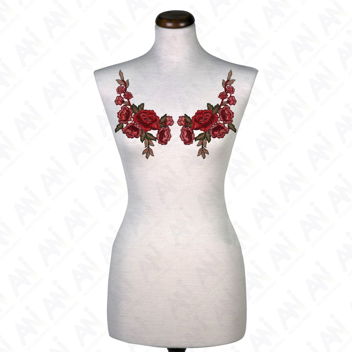 Two Piece Red Rose Flower Embroidered Sew On & Heat Transfer Applique Patch