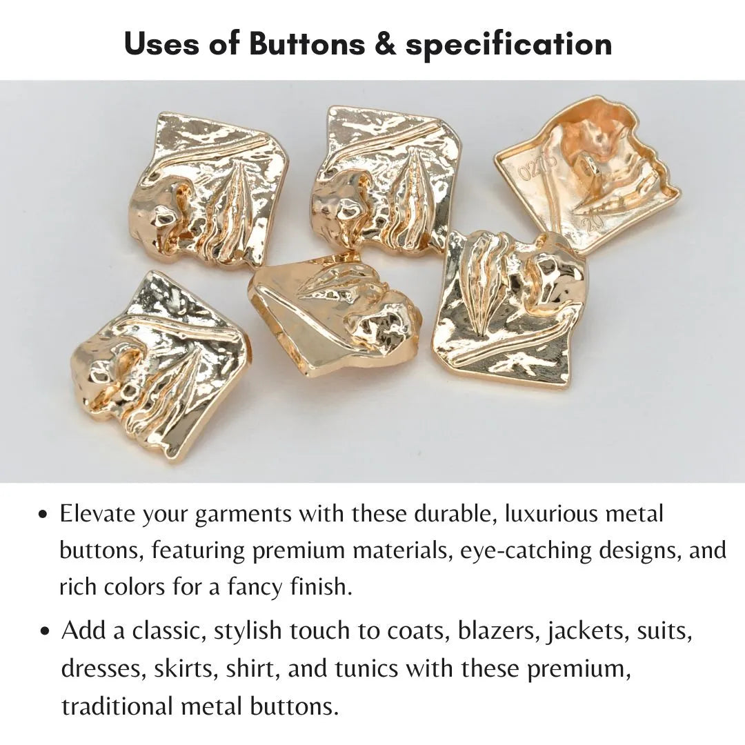 Designer Gold Plated Square Shape Metal Buttons | 20mm(32L)