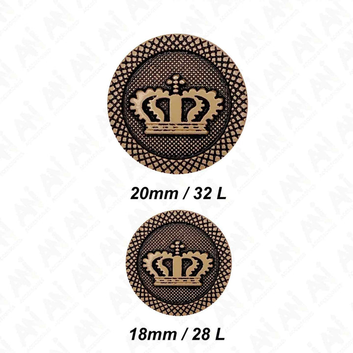 Regal Elegance Crown Metal Buttons | 18mm(28L) & 20mm(32L)