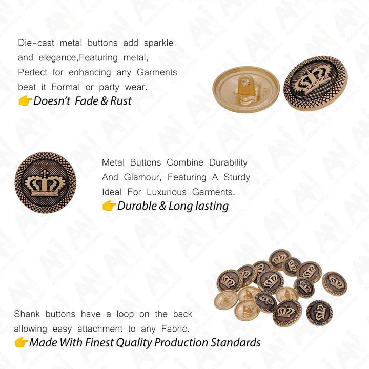 Regal Elegance Crown Metal Buttons | 18mm(28L) & 20mm(32L)