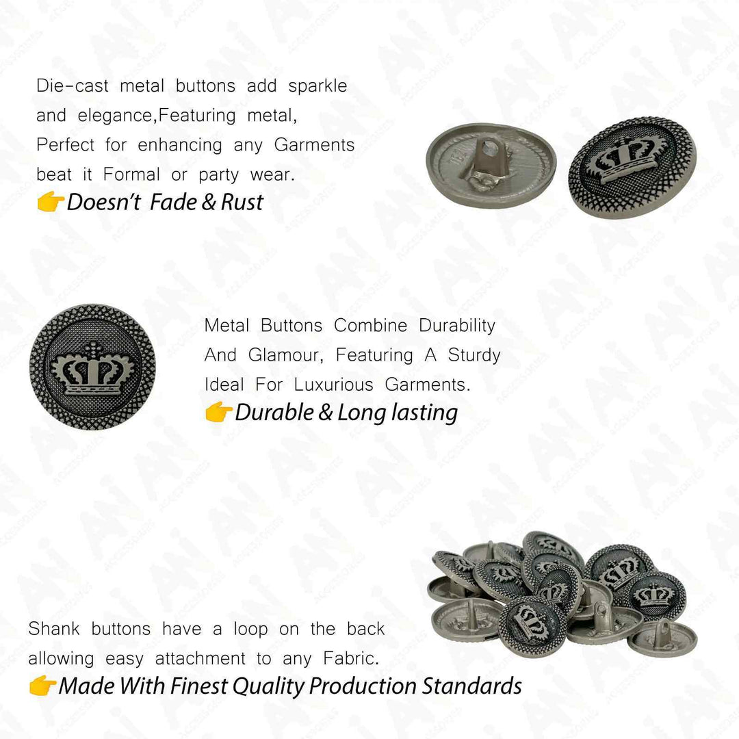 Regal Elegance Crown Metal Buttons | 18mm(28L) & 20mm(32L)