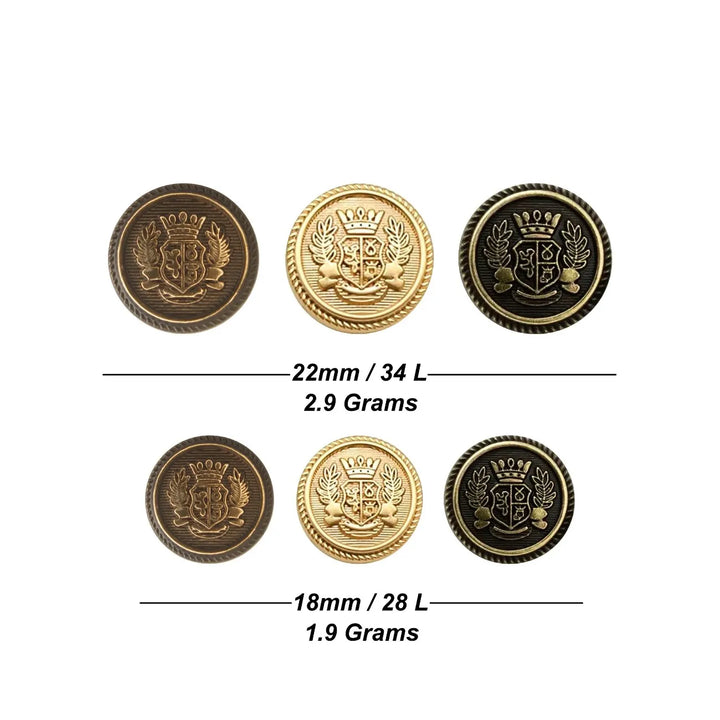 Imperial Gold Crest Metal Button | 18mm(28L) & 22mm(34L)