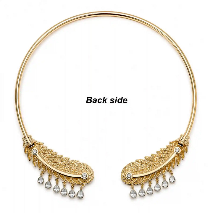 Crystal-Encrusted Gold Feather Torque Necklace