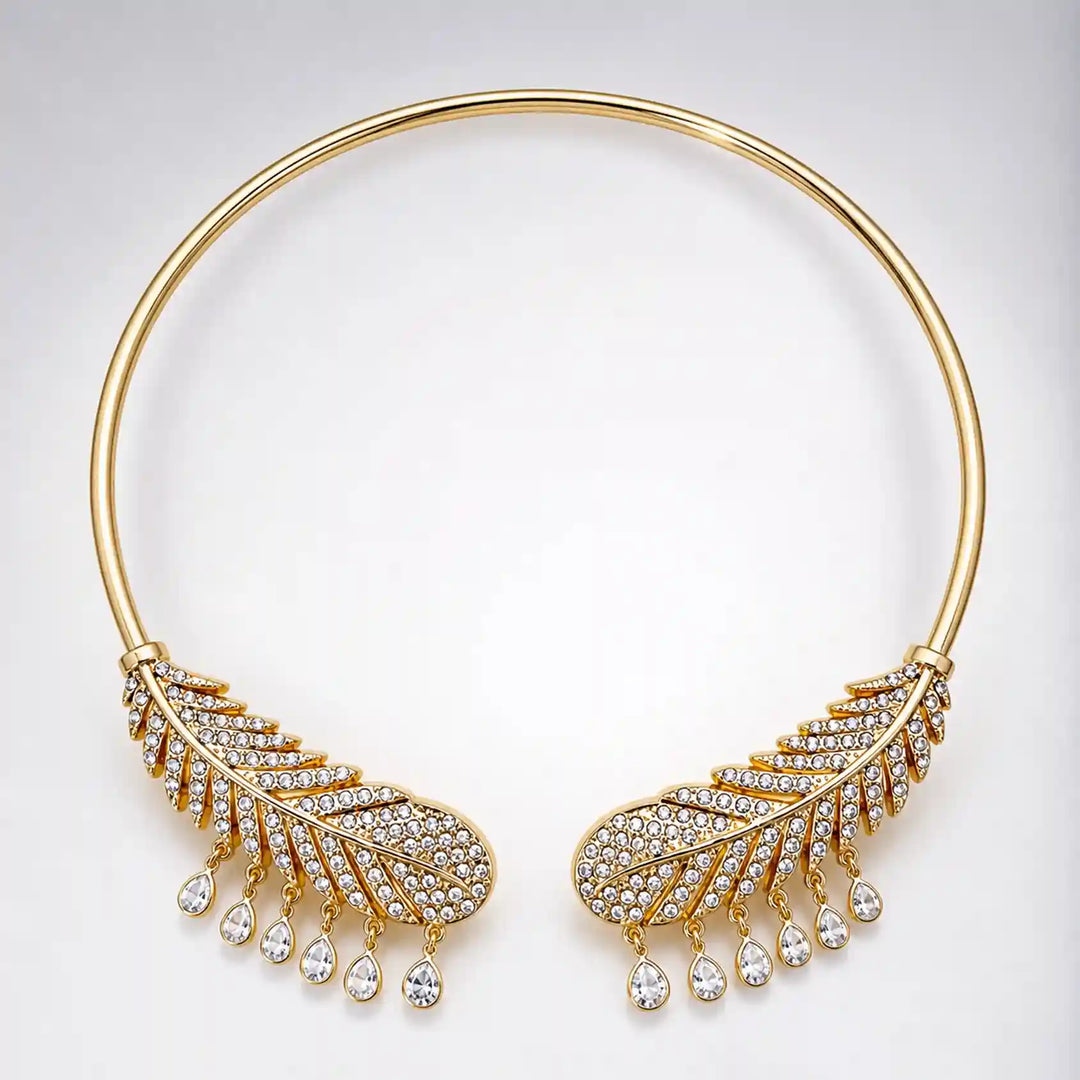 Crystal-Encrusted Gold Feather Torque Necklace