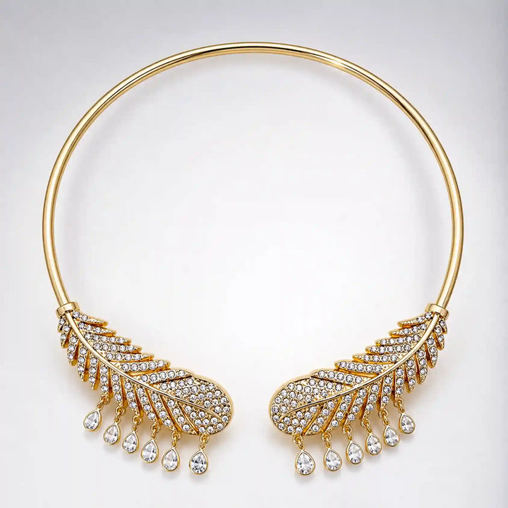 Crystal-Encrusted Gold Feather Torque Necklace