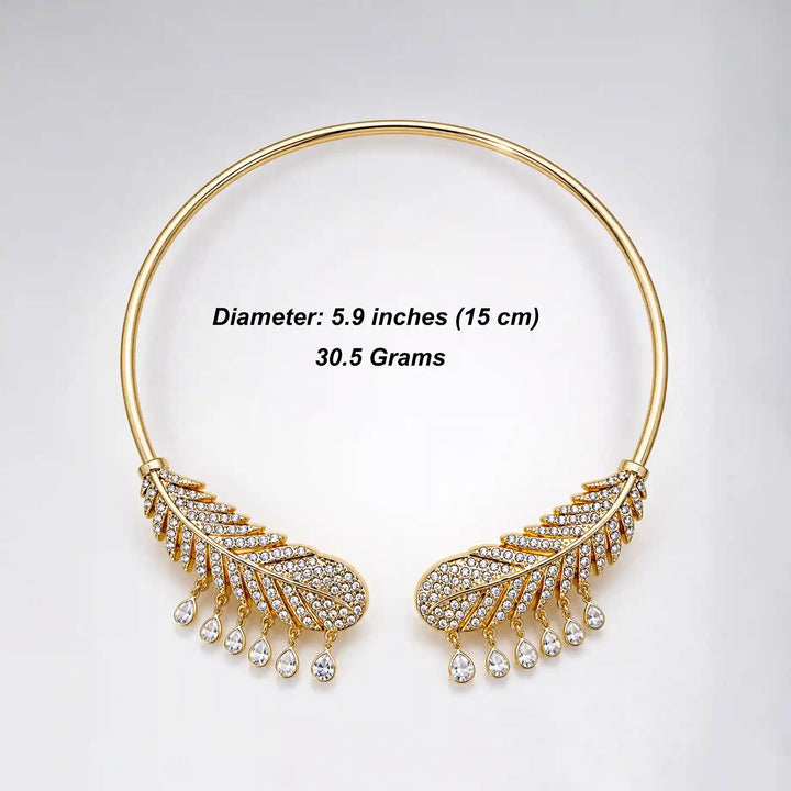 Crystal-Encrusted Gold Feather Torque Necklace