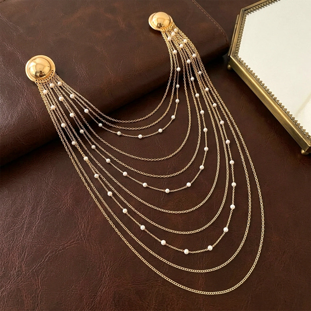Layered Pearl Chain Brooch with Dome Pins – Gold & Silver