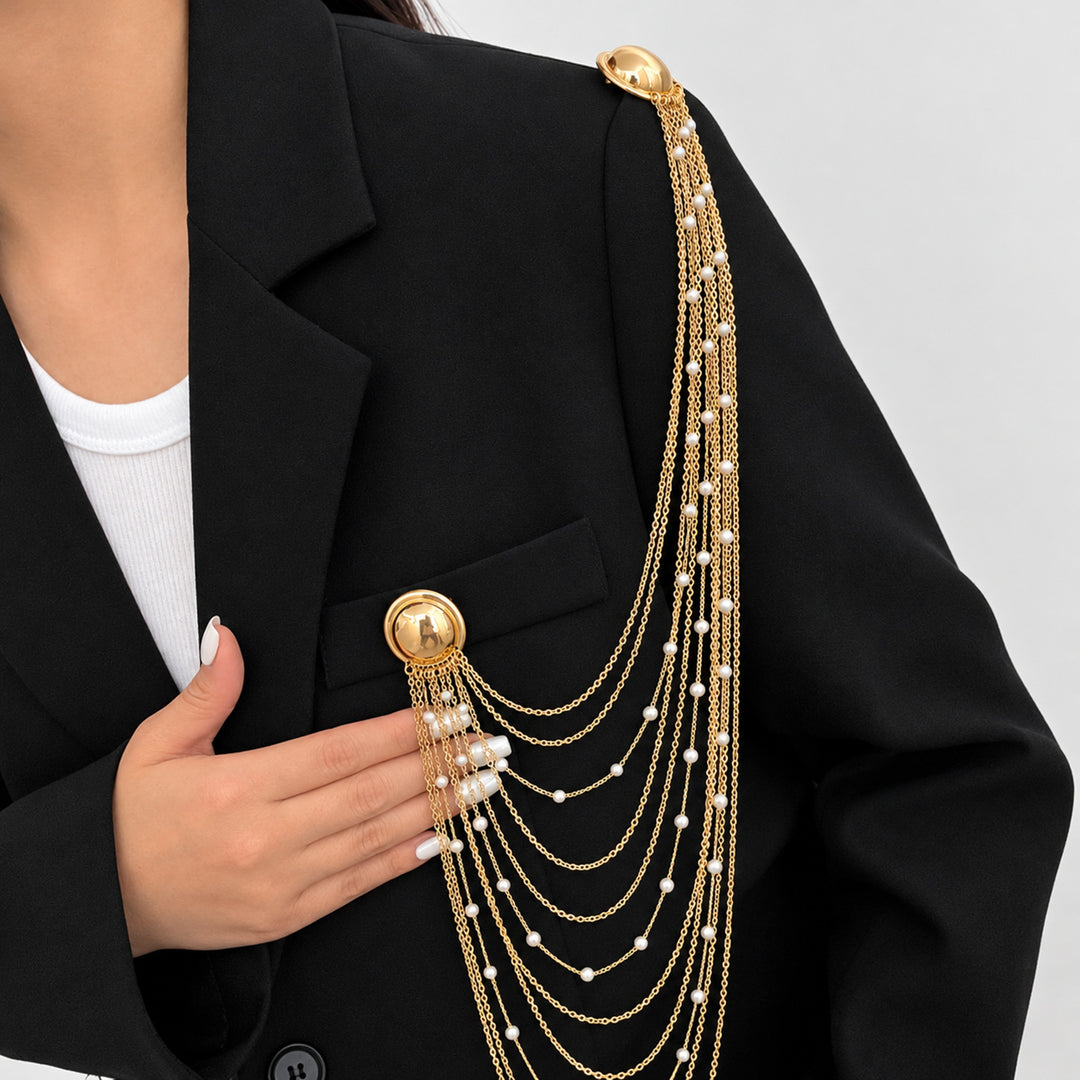 Layered Pearl Chain Brooch with Dome Pins – Gold & Silver