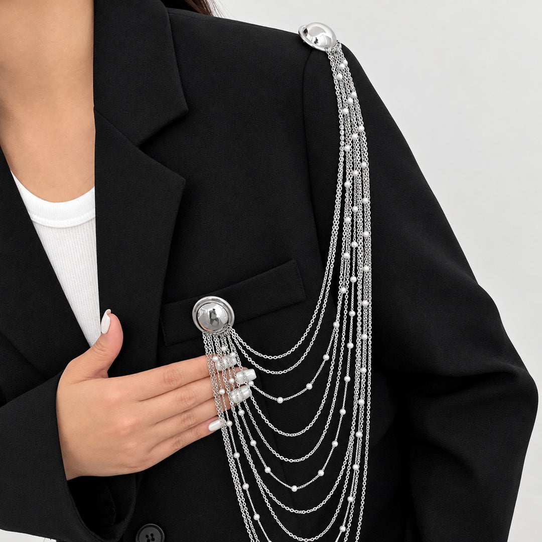 Layered Pearl Chain Brooch with Dome Pins – Gold & Silver