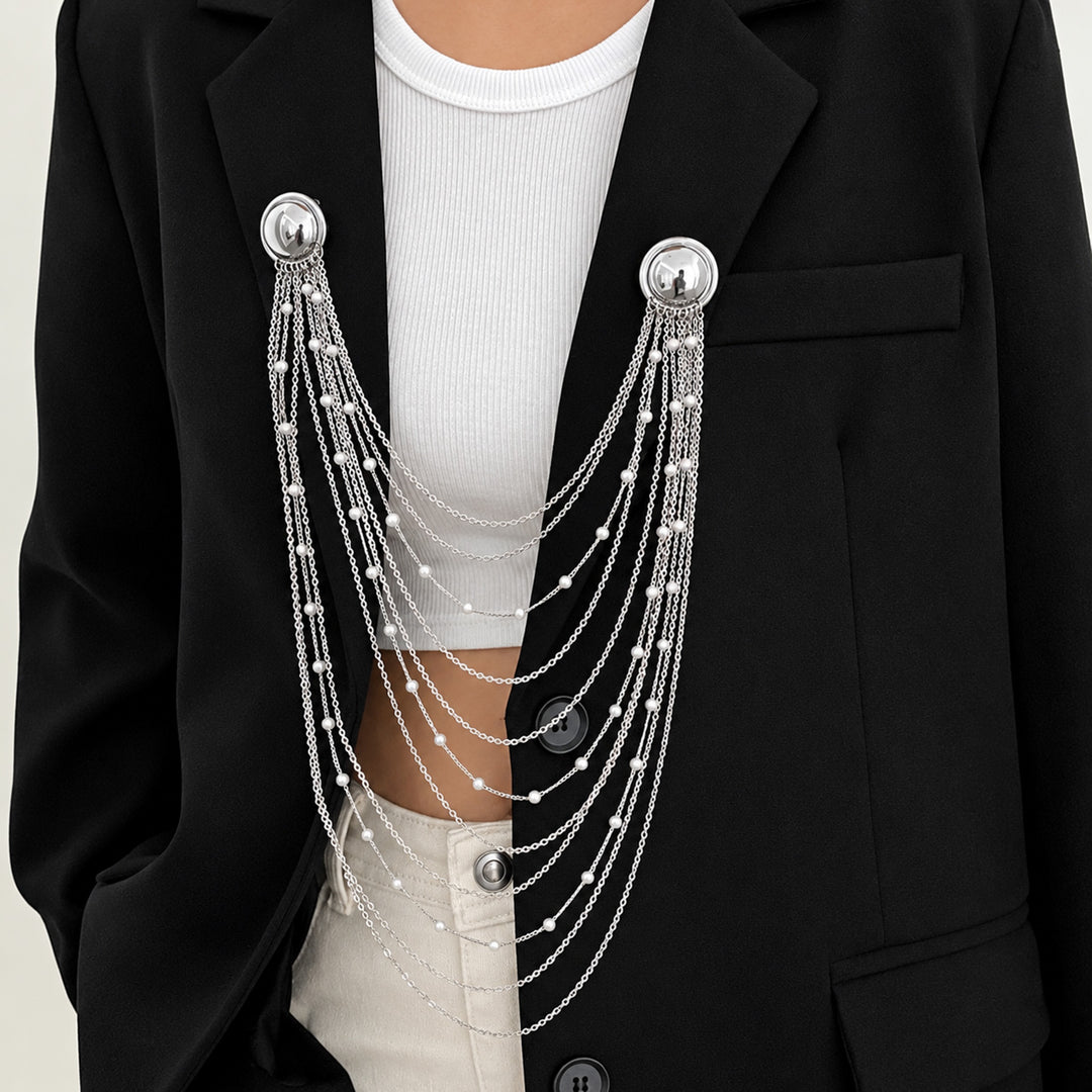Layered Pearl Chain Brooch with Dome Pins – Gold & Silver