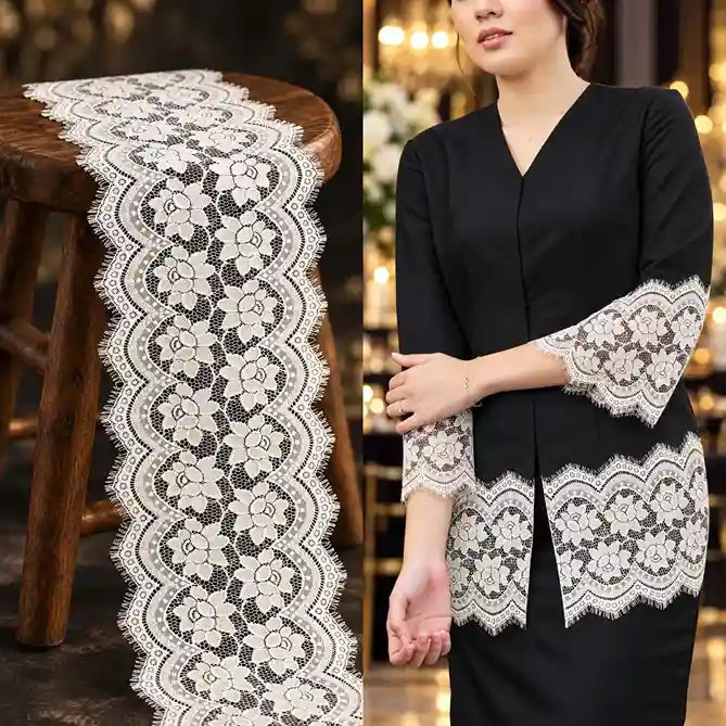 Wavy Floral White French Lace (Chantilly Lace), 27 cm (3 Metres)