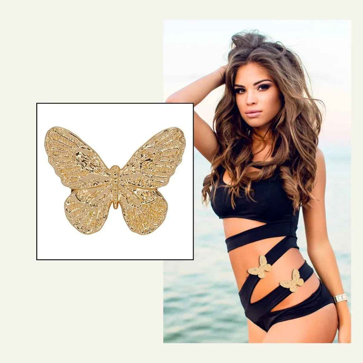 Ani Accessories Golden Butterfly Metal Buckle sample in a black bikini dress.